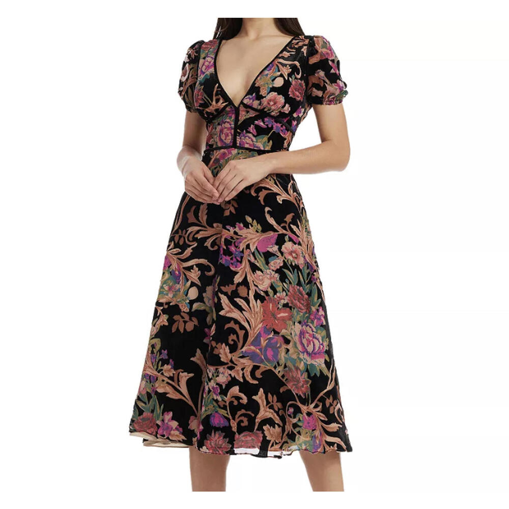 DRESS THE POPULATION black floral velvet burnout midi dress sz M - Picture 1 of 6